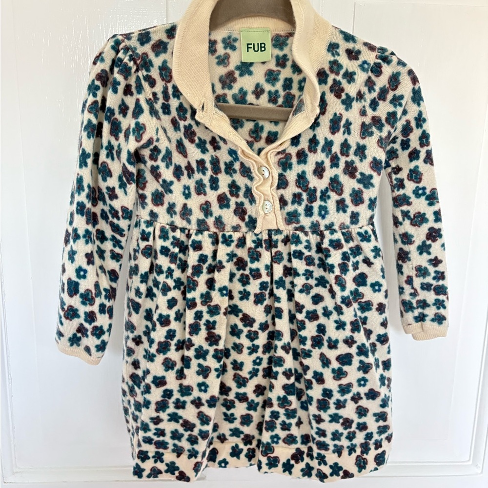 FUB Wool Cream and Blue Floral Knit Dress